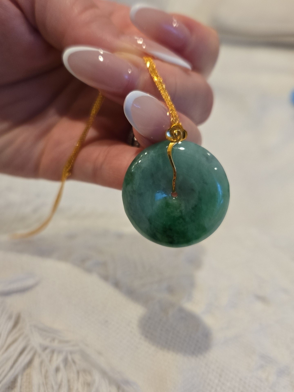 Green Jade Donut Pendant 18k Gold Bail.